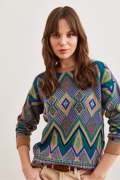 Olalook Дамски плетен пуловер с шарки Camel Kilim - Kzk - 19000869