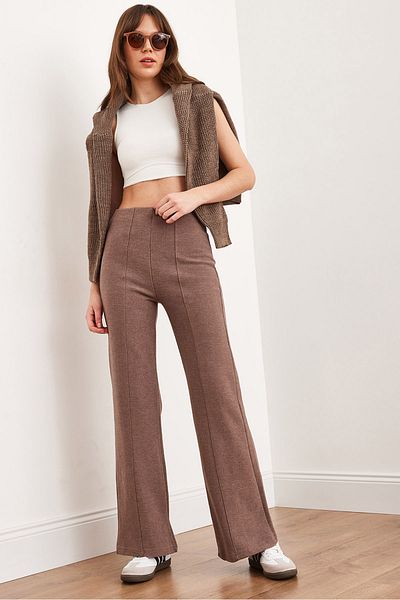 Olalook Brown Palazzo Pants - Elastic Waist and Front Stitching, Pnt- 19000309