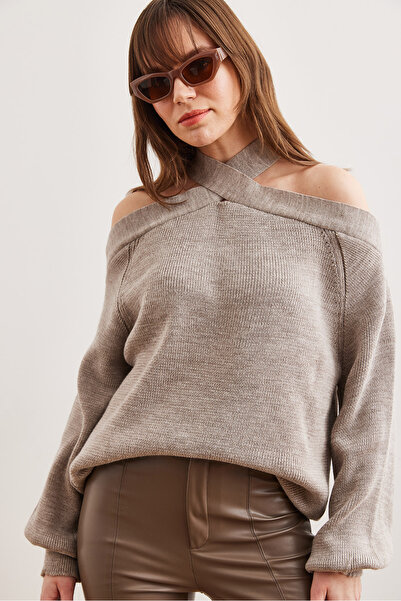 Olalook Mink Colored Cross Collar Women's Knitwear Sweater - Kzk- 19000192