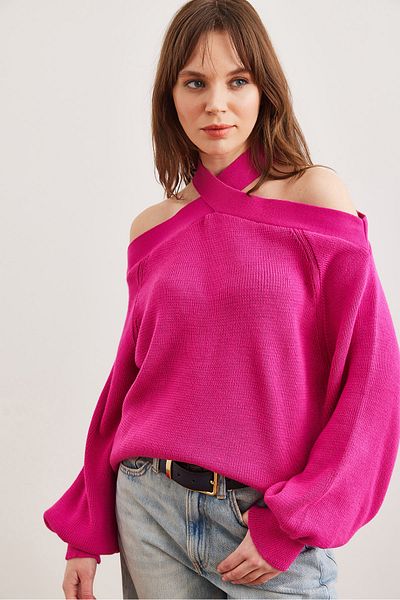 Olalook Pulover de tricotaj cu guler încrucișat fucsia pentru femei KZK- 19000192