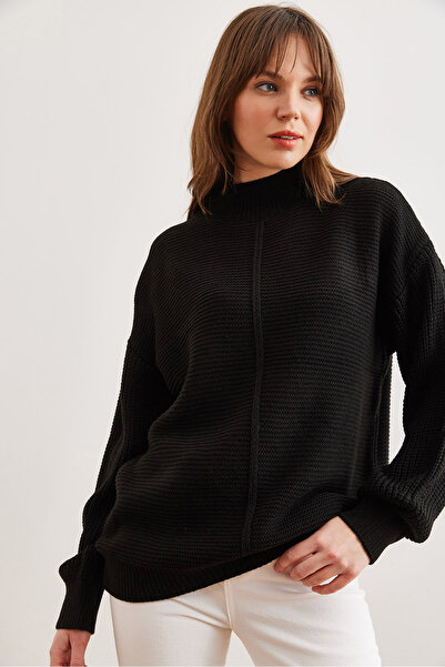 Olalook Kadın Siyah Önü Şeritli Yarım Balıkçı Triko Kazak KZK-19000928