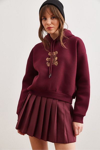 Olalook Hanorac cu glugă cu glugă cu aplicație de urs burgundy pentru femei SWT- 19000712