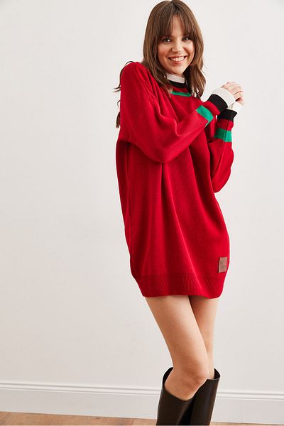 Olalook Women's Red Neckline and Cuff Detailed Knitwear Tunic Dress Elb- 19001992