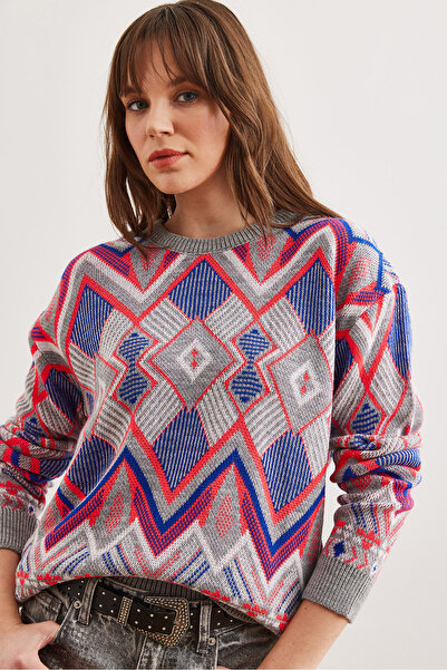 Olalook Gray Kilim Patterned Knitwear Women's Sweater - Kzk- 19000869