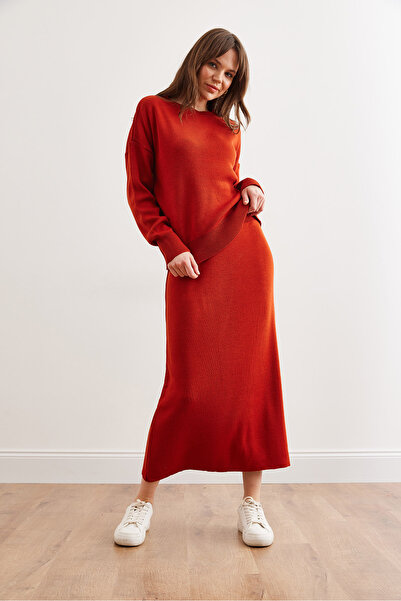 Olalook Kadın Kiremit Üst Kazak Alt Uzun Etek Triko Takım TKM-19000328