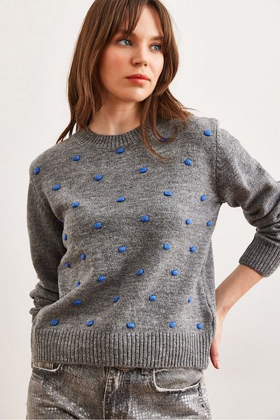 Olalook Pulover de damă din tricotaje cu pompon gri - KZK- 19000923