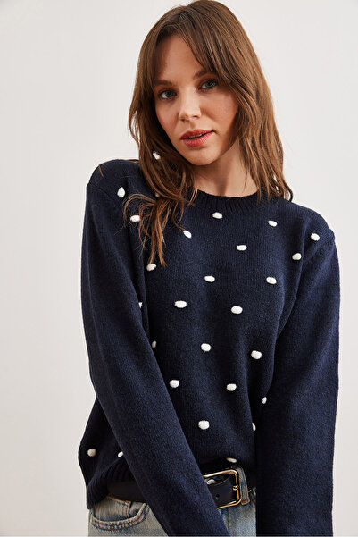 Olalook Navy Blue Pompom Women's Knitwear Sweater - Kzk- 19000923
