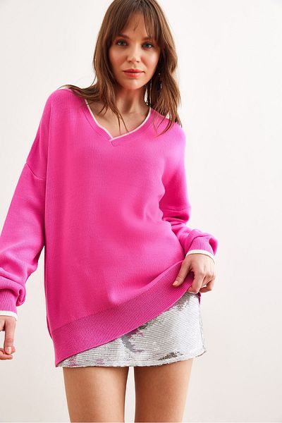 Olalook Pulover de damă cu guler roz, cu dungi groase, KZK- 19000924