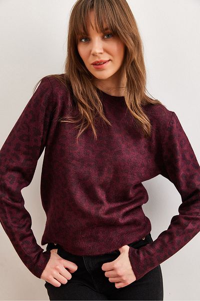 Olalook Pulover de damă cu model leopard roșu Claret - KZK- 19000922