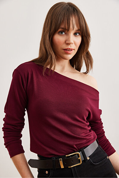 Olalook Claret Red ριγέ Premium γυναικεία μπλούζα - Strechy, λαιμόκοψη BLZ- 19002448