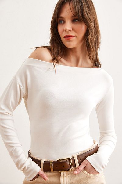 Olalook Stretchy Premium Soft Touch Women's Blouse - Boat Neck, Plain Ecru Stripes Blz- 19002448