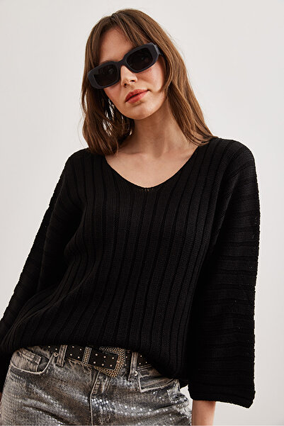 Olalook Women's Black V-Neck Thick Ribbed Knitwear Sweater Kzk- 19000925