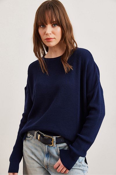 Olalook Women's Navy Blue Collar Detailed Slit Knitwear Sweater Kzk- 19000931