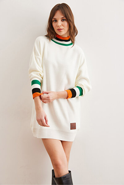 Olalook Women's White Neckline and Cuff Detailed Knitwear Tunic Dress Elb- 19001992