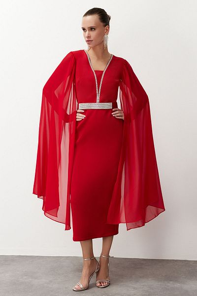 Trendyol Collection Woven Long Stylish Evening Dress with Red Stone Accessories TPRSS24EL00212