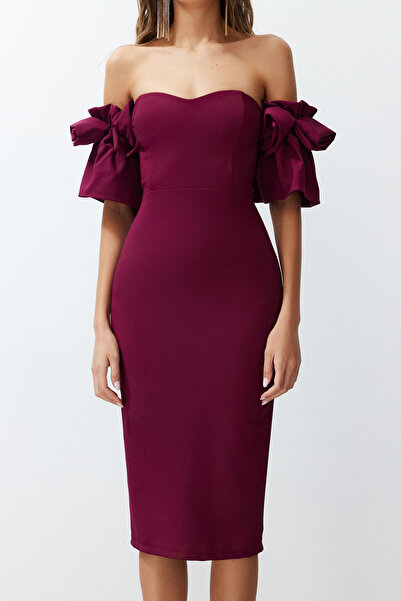 Trendyol Collection Rochie de seara tesuta eleganta cu accesorii trandafiri mov - TPRSS23EL00541