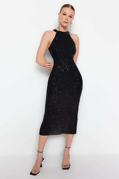 Trendyol Collection Funkelndes, schwarzes, stilvolles Abendkleid aus Strick mit Pailletten – gefüttert, mit Pailletten verziert TPRAW24EL00233