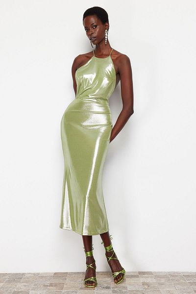 Trendyol Collection Ανοιχτό πράσινο μεταλλικό πλεκτό βραδινό φόρεμα νυχτερινό φόρεμα αποφοίτησης TPRSS24EL00066