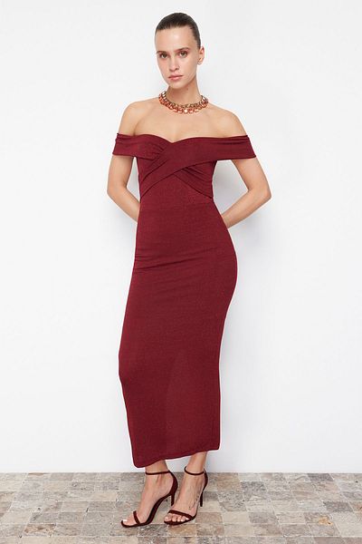 Trendyol Collection Бордові сріблясті вечірні сукні Orme Вечірні сукні з блискітками з вирізом TPRSS24EL00033