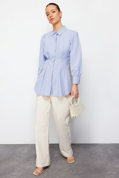 Trendyol Modest Cămașă țesătă cu perle cu talie albastră TCTAW24TG00027