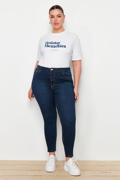 Trendyol Curve Dunkelblaue, dehnbare Skinny-Jeans mit hoher Taille TBBAW23JE00000