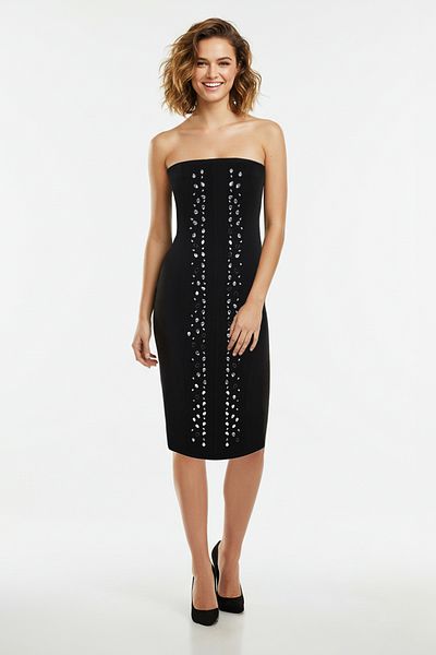 Trendyol Collection Βραδινό φόρεμα μίντι στράπλες με στάμπα μαύρης πέτρας TPRSS25EL00078