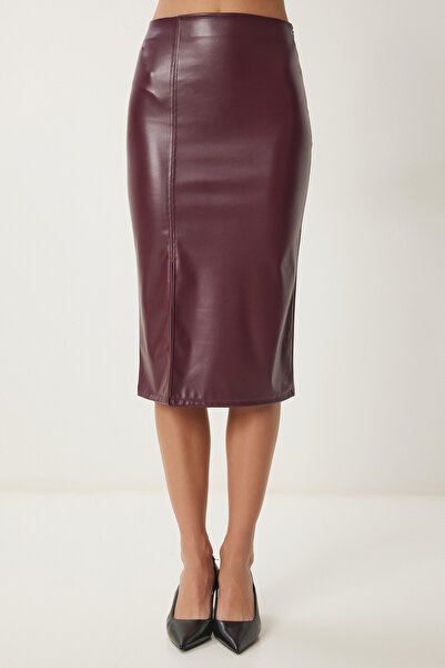 Happiness İstanbul Spódnica ołówkowa damska z rozcięciem w kolorze bordowym ze sztucznej skóry Gp00015