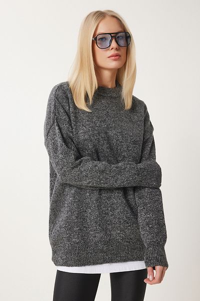 Happiness İstanbul Women's Anthracite Long Casual Fit Knitwear Sweater Fn03335