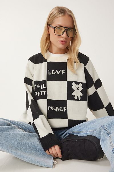 Happiness İstanbul Pulover de damă, crem, negru, cu modele, tricotaje, yy00170