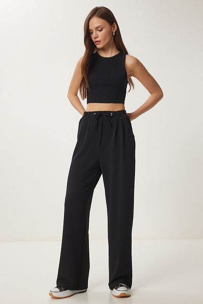 Happiness İstanbul Schwarze, bequeme Strickhose mit weitem Bein für Damen RV00204