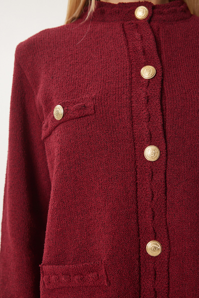Happiness İstanbul Women's Burgundy Stylish Buttoned Sweater Cardigan Dp00211