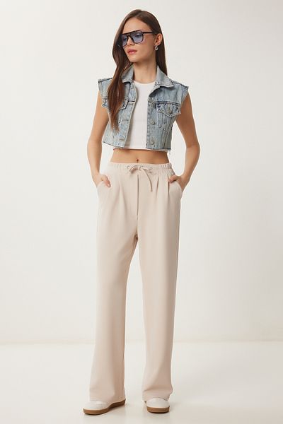 Happiness İstanbul Cremefarbene, bequeme Strickhose mit weitem Bein für Damen RV00204
