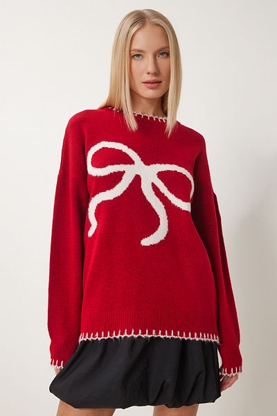 Happiness İstanbul Damen-Strickpullover mit rotem Schleifenmuster FZ00001