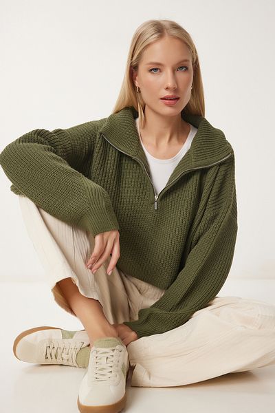Happiness İstanbul Khakifarbener Rollkragenpullover mit Reißverschluss für Damen MX00124