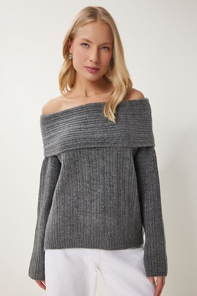 Happiness İstanbul Anthrazitfarbener Strickpullover mit Madonna-Kragen für Damen PF00049