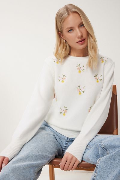 Happiness İstanbul Women's Soft Knitwear Sweater with Bone Flower Embroidery - Lu00024