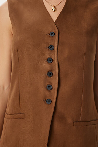 Happiness İstanbul Дамска жилетка от набук с V-образно деколте Fn03387