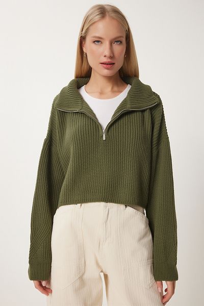 Happiness İstanbul Khakifarbener Rollkragenpullover mit Reißverschluss für Damen MX00124