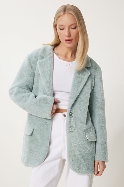 Happiness İstanbul Grüne Damenjacke mit zweireihigem Kragen und langem Kunstpelzmantel FN03434