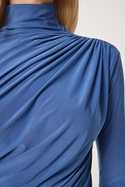 Happiness İstanbul Kadın İndigo Mavi Büzgü Detaylı Dik Yaka Sandy Bluz  FF00135