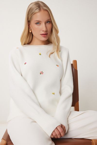 Happiness İstanbul Women's Soft Knitwear Sweater - Bone Flower Embroidery, Lu00023