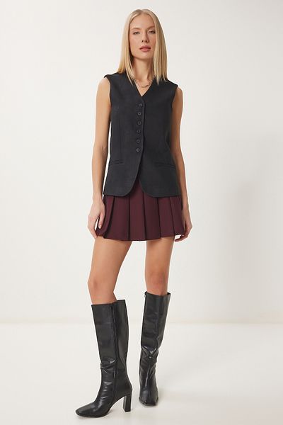 Happiness İstanbul Women's Black V-Neck Nubuck Vest Fn03387