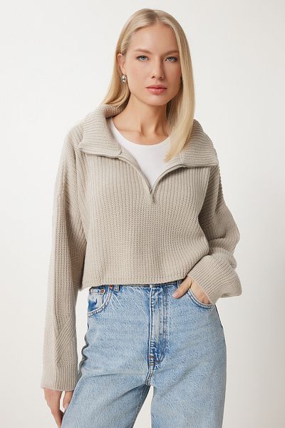 Happiness İstanbul Women's Stone Zip Turtleneck Knitwear Sweater Mx00124