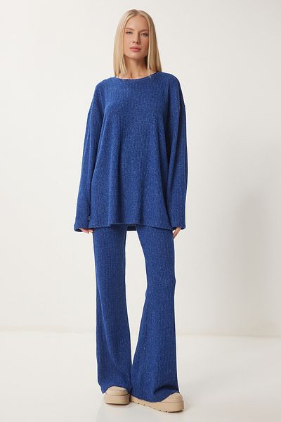 Happiness İstanbul Damen-Set aus locker sitzender, kobaltblauer Strickbluse und Hose – RG00047