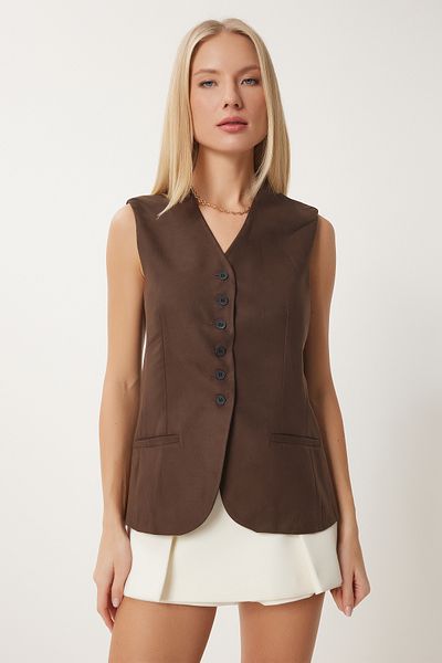 Happiness İstanbul Hellbraune Nubukweste mit V-Ausschnitt für Damen FN03387
