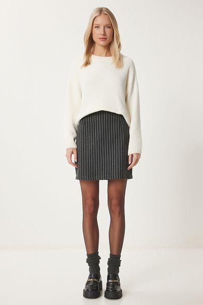 Happiness İstanbul Women's Anthracite Pinstripe Woven Pencil Skirt Fn03312