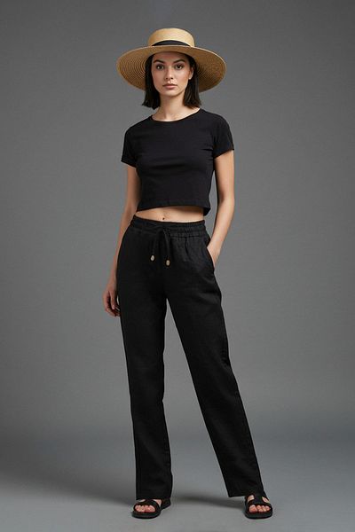Trendyol Collection Black Straight/Straight Cut Elastic Waist Lace-Up Linen Look Pants Twoss24Pl00056