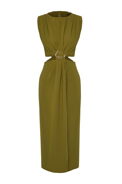 Trendyol Collection Ölgrünes Maxikleid aus gewebtem Krepp in A-Linie mit Ausschnitten TWOSS25EL00017
