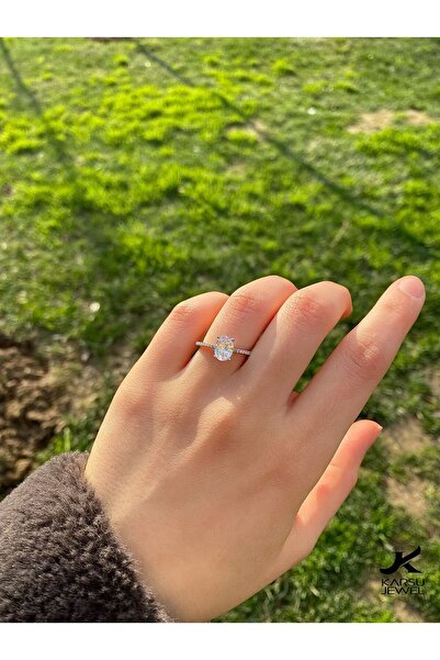 KARSU Gümüş Yüzük 925 Ayar Oval Pırlanta Kesim Yüzük