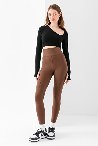 LEBRA سروال رياضي نسائي بني عالي الخصر مع خياطة كاريوكا قابلة للتنفس وملمس نا...